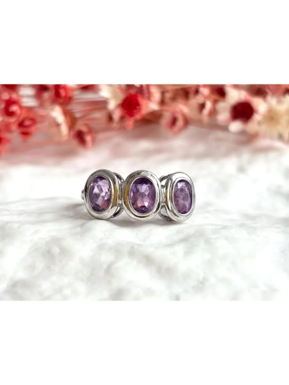 Triple Amethyst Gemstone Minimalist Sterling Silver 925 Vintage Ring - sz 8